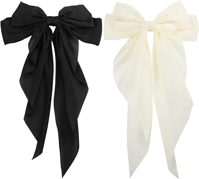 RosewineC 2 PCS Bow Hair Clips Solid Color Bow French Automatic Hair Clip with Long Silky Satin Tail Large Bows for Simple Women Girls Barrettes Hair Fastener Accessories (Black & White) - 