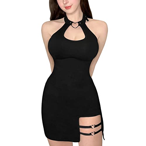LittleForBig Women Cotton Overall Vampy Collared Bodycon Mini Dress Skirt - Black - XS