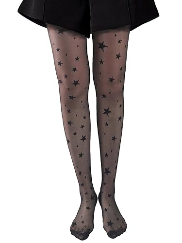 Verdusa High Waist Sheer Stockings - One Size - Star Print Black