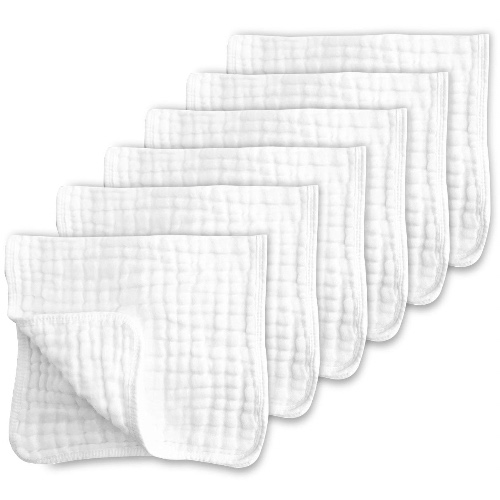CottCare Muslin Burp Cloths for Baby 100% Cotton Large 20''X10'' 6 Layers Thicken Super Soft and Absorbent (6 Pack,White) - White