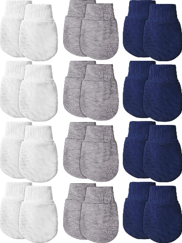 12 Pairs Newborn Baby Mittens Gloves Cotton No Scratch Baby Mittens for 0-6 Months Baby Boys Girls - White, Grey, Navy Blue