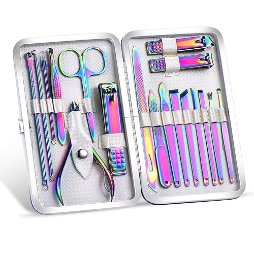 2024 Rainbow Manicure Kits 18 Pcs Nail Clippers for Women Gift SFYDOM Women's Rainbow Leather Manicure Set (18-RainbowManicure Kits)