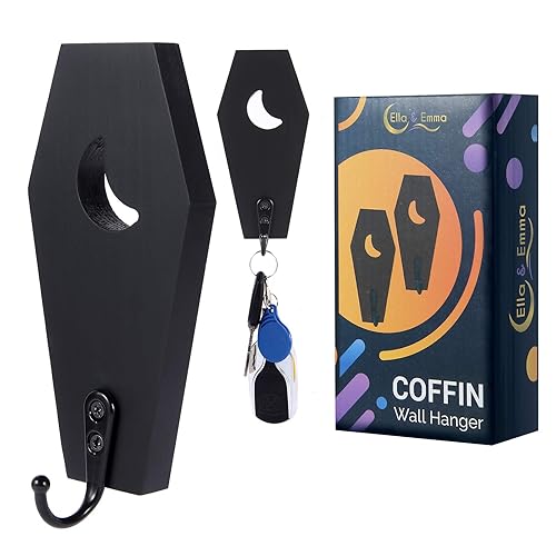 Ella & Emma Wall Mounted Coffin-Shaped Key Holder - Gothic Home Decor Wall Hanger with Hook - Gothic & Spooky Halloween Decor for Home - 2 Pieces (Coffin & Moon) - COFFIN & MOON