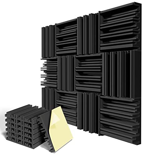 LIGHTDESIRE 12 Pack Self-Adhesive Sound Proof Foam Panels,12 X 12 X 2 inches Acoustic Foam,High Resilience Sound Proofing Padding for Wall,Sound Absorbing Panels Suitable for Home,Studio,Black - 2Inch 12pack - Black