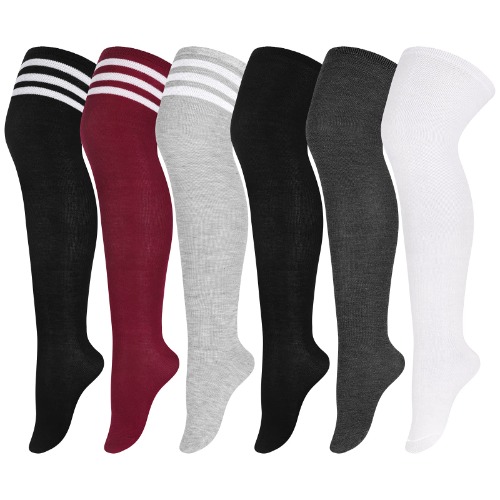 Aneco 6 Pairs Plus Size Over Knee Socks Women Warm Thigh High Stockings for Daily Use, L-XXL - White, Dark Grey, Black, Mixed Colors