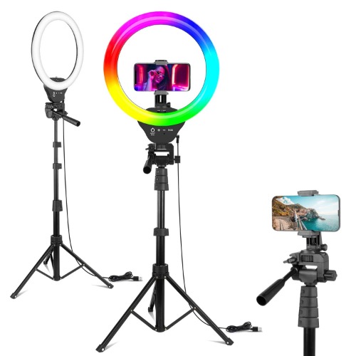 Eicaus 12" RGB Ring Light with Tripod Stand and Phone Holder, Selfie LED Lighting with 62" Phone and Stand,15 Color Effects for Video Recording,Makeup,Room Decor,TikTok,Creative Photography - RGB,White,Warm,Daylight