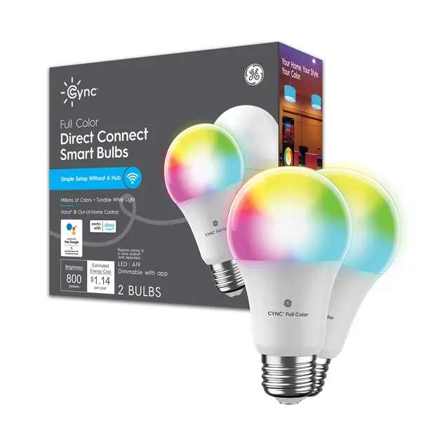 GE CYNC Smart LED Light Bulbs, Full Color, Bluetooth and Wi-Fi Enabled, Alexa and Google Home Compatible (2 Pack), Packaging May Vary - 