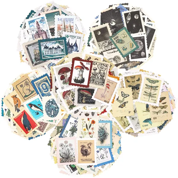 Vintage Postage Stamp Stickers Set (276 Pieces) - Botanical Deco Sticker for Scrapbooking, Bullet Journaling, Junk Journal, Planners, Bujo Travel Diary, Nature Plant Ephemera - 