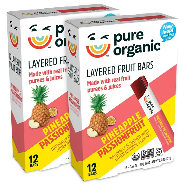 Pure Organic Layered Fruit Bars, Pineapple Passionfruit, Gluten Free, Vegan Fruit Snacks (24 Bars) - 
