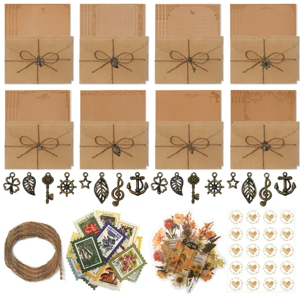 112PCS Cool Vintage Envelopes Writing Paper Letter Stationary Set with Retro Kraft Envelopes, Fancy Rustic Paper Letter Kit, Flower Stamp Seal Stickers, Antique Bronze Charms Accessories and Hemp Rope - 