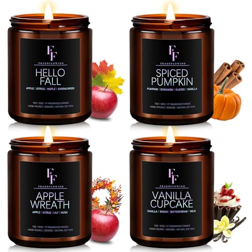 Fall Candles Set, Fall Scented Candles for Home, 4 Pack Natural Soy Autumn Candle, Fall Gifts for Women Men, Fall Fragrance of Pumpkin/Apple Wreath/Hello Fall/Vanilla Cupcake - Pumpkin/Apple Wreath/Hello Fall/Vanilla Cupcake - Fall Candle