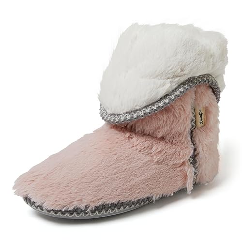 Dearfoams Women's Fuzzy Memory Foam Beth Bedroom Bootie Slipper Sock with Grippers - 7-8 - Dusty Pink