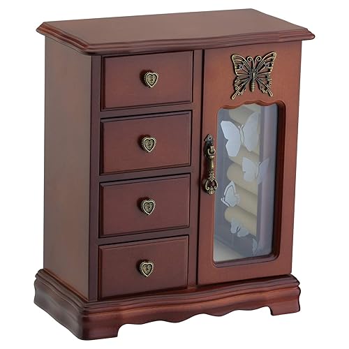 RR ROUND RICH DESIGN Solid Wooden Jewelry Box Makeup and Organizer Women Ring Storage with 4-Drawers Built-in Necklace Carousel and Mirror Brown / Classic Brown $59.99