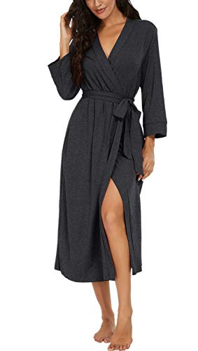 VINTATRE Women Kimono Robes Long Knit Bathrobe Lightweight Soft Knit Sleepwear V-neck Casual Ladies Loungewear - Large - B02 Dark Gray