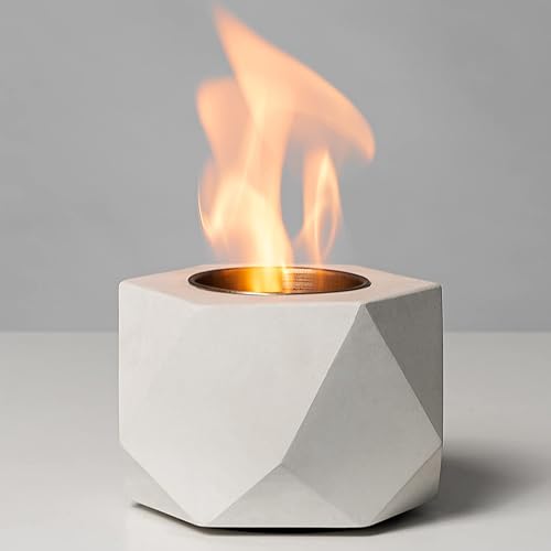 KIZZBY Table Top Fire Pit Bowl - Concrete Tabletop Fireplace Indoor Outdoor Decor Portable Rubbing Alcohol Burner Smores Maker for Patio Balcony with Extinguisher - Concrete Geometric