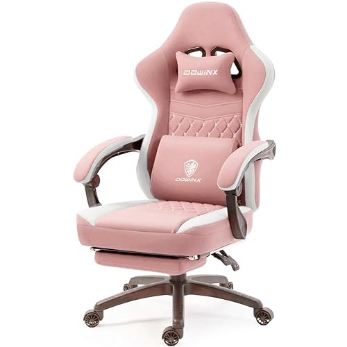 Dowinx Gaming Chair Breathable Fabric Computer Chair with Pocket Spring Cushion, Comfortable Office Chair with Gel Pad and Storage Bag,Massage Game Chair with Footrest,Pink - Pink