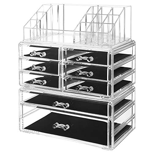 SONGMICS Makeup Organizer 3 Pieces Set Cosmetic Storage Jewelry Display Case 8 Drawers Clear UJMU08T - Clear