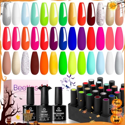 beetles Gel Polish Nail Set 20 Colors Neon Collection Hot Pink Magenta Lemon Green Soak Off Manicure Starter Kit with 3 Pcs Matte and Glossy Top Coat Base - A-Neon City