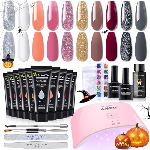 wakaniya Poly Gel Nail Kit With UV Lamp 10 Colors Quick Nail Extension Gel Slip Solution Nail Strengthener Rhinestone French All In One for Nail Beginner Starter Complete Kit Sculpting DIY at Home Gift Women - Dark Nude-Glitter Colors -E