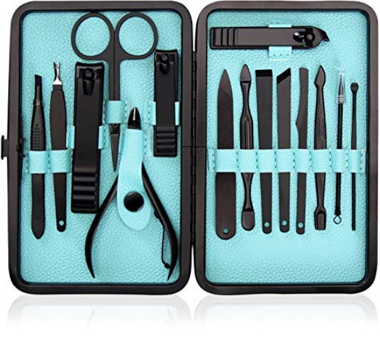 Utopia Care 15 in 1 Stainless Steel Professional Manicure Pedicure Set Nail Clippers Kit – Portable Travel Grooming Kit - Facial, Cuticle and Nail Care for Men and Women (Black) - Black