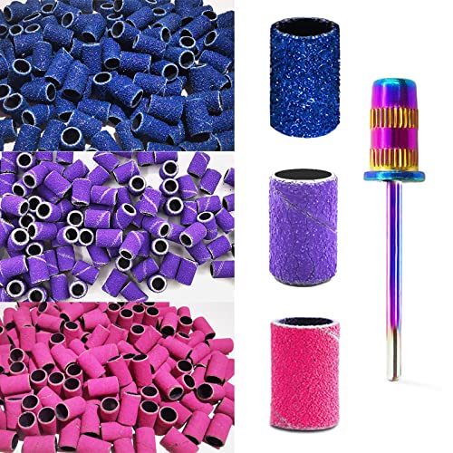 Nail Drill Bits Sanding Bands for Nail Drill, Corfulra Drill Bits for Nails 210pcs Sanding Bands Coarse Fine #80#150#240 Grits with Rainbow Mandrel Bit for Electric Nail Drill Nail Accessories Tool - Blue-purple-red