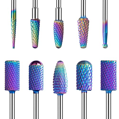 MelodySusie Nail Drill Bits Set, 10Pcs Tungsten Carbide Nail Bits for Acrylic Gel Nails Polishing Removing, 3/32 inch Bits for Nail Drill Dremel Machine Efile, Manicure Pedicure Nail Salon, Colorful - 10Pcs - Colorful
