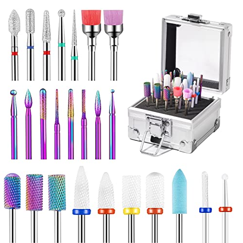 25Pcs Nail Drill Bits Set with Cute Nail Drill Bit Holder, 3/32 Inch Nail Drill Bits for Acrylic Nails, Ceramic Diamond Carbide Cuticle Efile Remover Bits for Home Salon Acrylic Gel Nail Polish - Silver