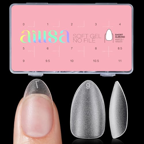 AILLSA Extra Short Coffin Nail Tips - 240 PCS Upgraded Matte Soft Gel Full Cover Nail Tips No Filed, Pre-shaped Clear Acrylic False Gelly Nail Tips for DIY Press On Nails 15 Sizes - Short Almond-BP