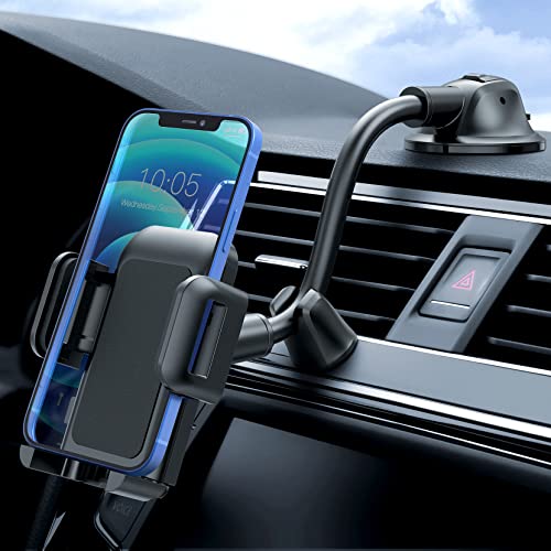 Car Phone Holder Mount, Long Arm Dashboard Windshield Phone Holder with Anti-Shake Device, Strong Suction Cup Car Mount Compatible with iPhone 14 13 12 11 Pro Max XS, Galaxy Note S22 S20 S10 and More - Black