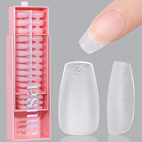AILLSA Short Coffin Nail Tips - 450 Pcs Upgraded Matte Soft Gel Nail Tips No Filed, Pre-shaped Full Cover Clear Acrylic False Gelly Nail Tips for Soak Off Nail Extensions 15 Sizes - 450-Short Coffin