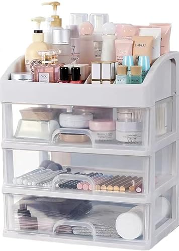 RUBRYKAZ Makeup Organizer with 3 Drawers, Makeup Storage Box,Cosmetic Display Cases Large Capacity for Cosmetic, Nail Polish, Eyeshadow, Brush, Lipstick, Powder and Skin Care Products - White