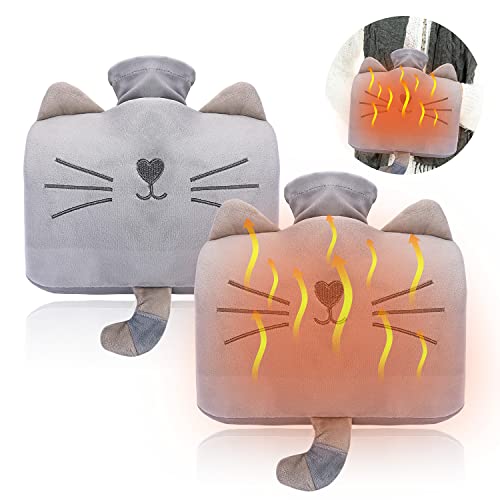 Wärmflasche,Douthfolle 2 Stück 1.2 Liter Wärmflasche mit Bezug Wärmflaschen Wärmflasche Kinder Wärmflasche Tier Wärmflasche mit Bezug Flauschig für Schmerzlinderung,Krämpfe,Heiß und Kalt Therapie - Grey