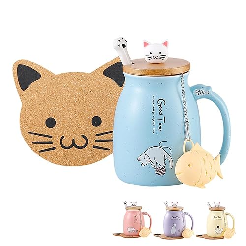 BigNoseDeer Cute Mugs Kawaii Cat Mug Ceramic Coffee Mug Tea Cup with Infuser and Lid Spoon Tea Mug Cute Cool Preppy Stuff Gifts for Women (Blue 13oz) - Blue
