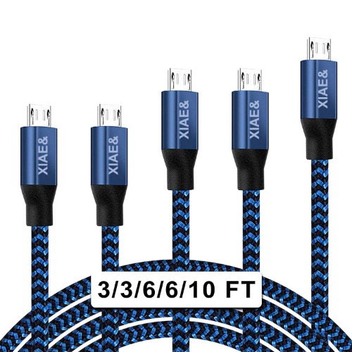 Micro USB Cable,XIAE& 5Pack (3/3/6/6/10FT) Nylon Braided Fast Charging Cable Aluminum Housing USB Charger Android Cable for Samsung Galaxy S7 Edge S6 S5,Android Phone,LG G4,HTC and More (Blue)
