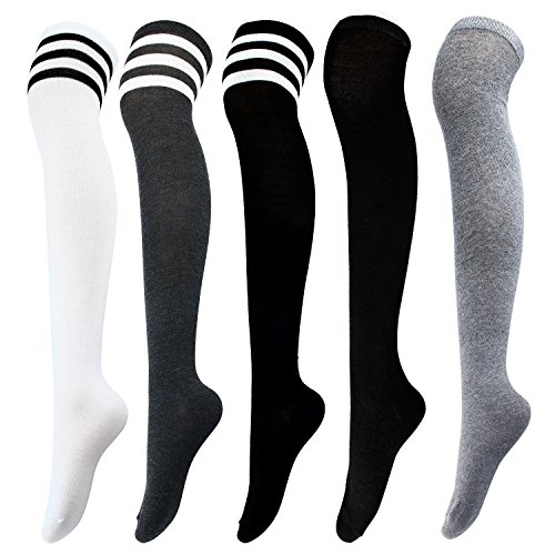 Aneco 5 Pairs Over Knee Socks Knee-High Socks High Thigh Boot Stockings Women Knee Highs Socks for Girl Cosplay, Daily Wear - Medium - Mixed Color a