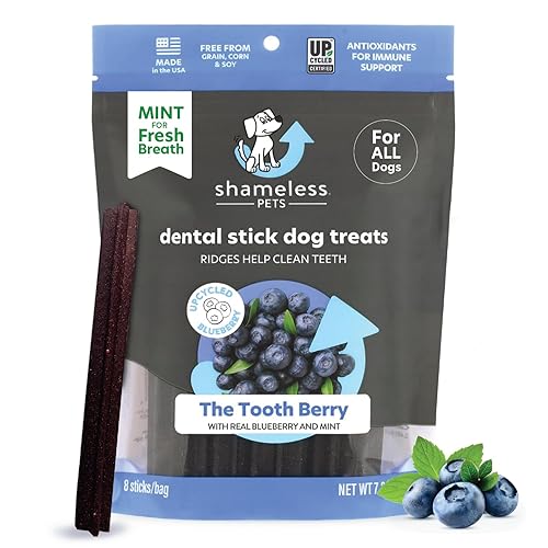 Shameless Pets Dental Treats for Dogs, The Tooth Berry - Healthy Dental Sticks with Immune Support for Teeth Cleaning & Fresh Breath - Dog Bones Dental Chews Free from Grain, Corn & Soy - The Tooth Berry - 7.2 Ounce (Pack of 1)
