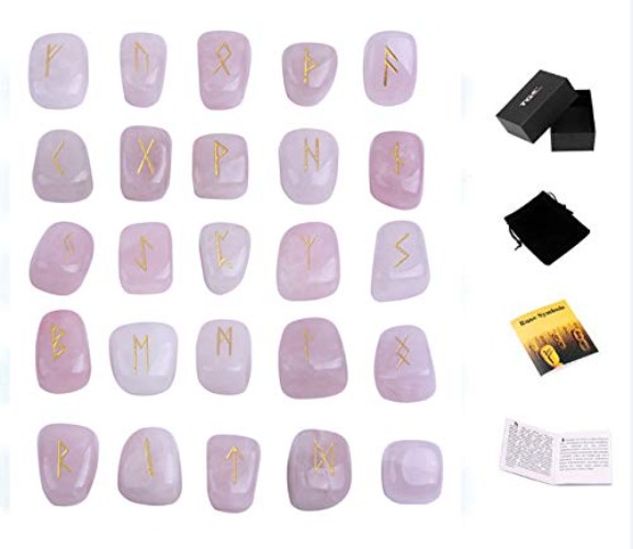TGS Gems Rose Quartz Rune Stones Set Engraved Pagan Lettering with Instruction Booklet and Velvet Pouch - Rose Quartz