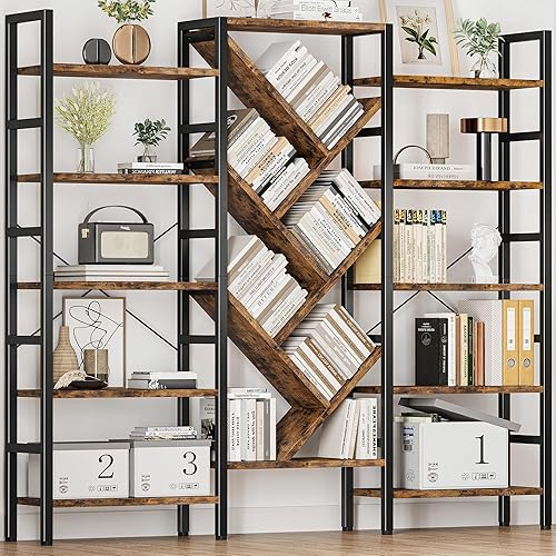 INNOD 70x70” Triple 5 Tier Book Shelf, Large Wooden Bookcase with 17 Open Display Shelf, Modern Tree Bookshelf Metal Frame Tall Book Case Furniture for Living Room Bedroom Home Office Rustic Brown - Rustic Brown