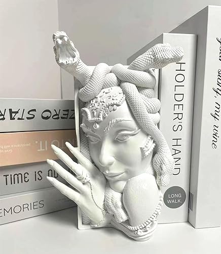 Medusa Bookends,Greek Gorgon Serpent Monster Decorative Book Ends Heavy Book Stopper for Home Office Desk,Vintage Bookshelf Decor (White) - White