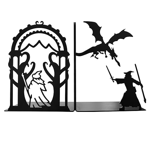 HeavenlyKraft Decorative bookends for Shelves, 7 Inch Tall Heavy Metal Bookends, Unique Bookends, Non Skid Book Ends, Book Stopper for Home/Office Decor/Shelves, Wizard and Dragon Design, Black, 3lb