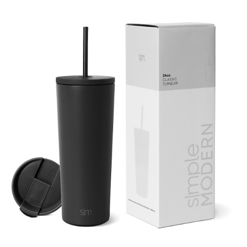 Simple Modern 710mL (24oz) Classic Reismok Tumbler met 2 deksels: herbruikbaar rietje en klep - kolf koffie bier geïsoleerde bier pint beker - 18/8 roestvrij staal - Middernacht Zwart - 24oz Straw Lid & Flip Lid - - Middernacht Zwart