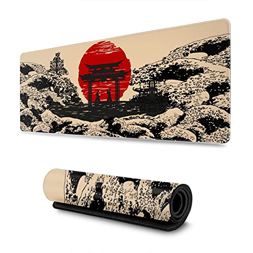 Vintage Japanese Waves Gaming Mouse Pad XL, Extended Large Mouse Mat Desk Pad, Stitched Edges Mousepad, Long Mouse Pad, 31.5 X 11.8 Inch