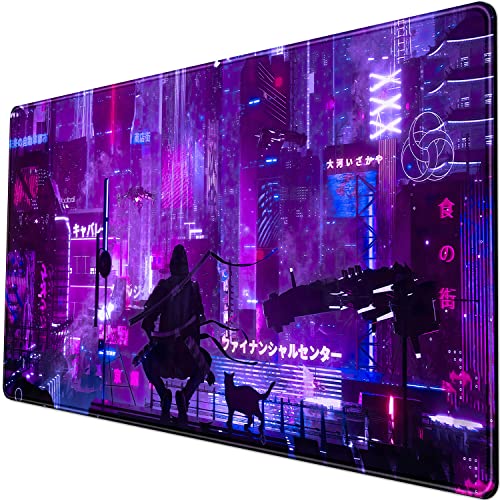Anime Neon Mouse Pad Purple City Gaming Desk Big Cute Kawaii Pink Extended Mouse Pad Gaming,Office Keyboard Pc Laptop Mousepad Large 31.5x15.7 in-with Stitched Eges Non-Slip Base Mouse Pads Mat