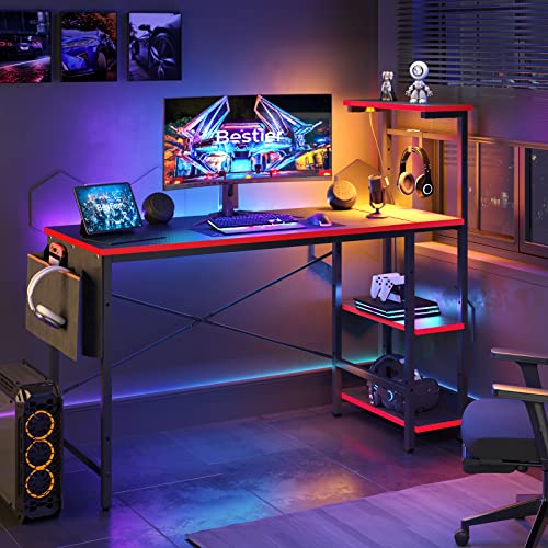 Bestier Gaming Desk with LED Lights, Computer Desk with 4 Tiers Reversible Shelves, 51.3 Inch Gamer Desk with Side Storage Bag, Hooks and Height Adjustable Shelf (Black Carbon Fiber) - 51.3 Inch - Black 3d Carbon Fiber