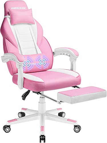 BOSSIN Pink Gaming Chair with Massage, Leather Computer Desk Chair with Footrest and Headrest, Ergonomic Heavy Duty Design, Large Size High-Back E-Sports, Big and Tall Gaming Chair - Pink