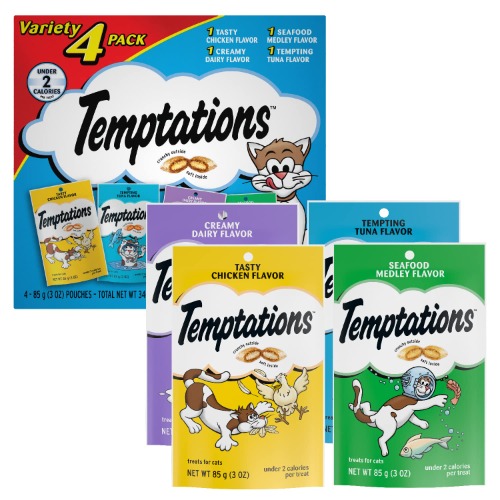 TEMPTATIONS Classic Crunchy and Soft Cat Treats Feline Favorite Variety Pack, (4) 3 oz. Pouches - Classics and MixUps Variety Pack 4 Count (Pack of 1)
