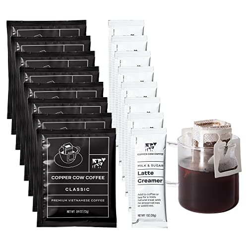Copper Cow Coffee Premium Vietnamese Coffee: Single-Serve Classic Lattes (8 lattes, includes: 8 coffees & 8 milk creamers) - Classic Latte (Pack of 8)