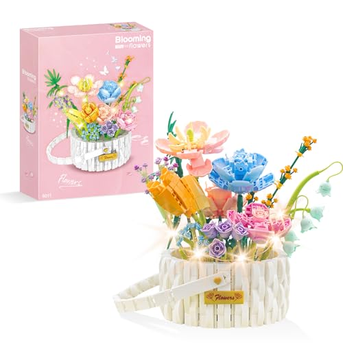 youeefy Flower Building Blocks Set with Basket&LED Lights,Artificial Flower Bonsai Decor,Building Bricks Toy for Girls Adults,Ideal Gifts for Christmas,Valentine'S Day or Birthdays,1376 PCS - Flower Basket