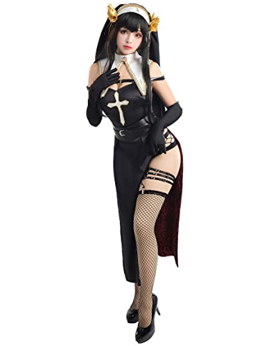 Mobbunny Women Nun Dress with Panty and Gloves Sexy High Slit Dress Gothic Halloween Cosplay Costume - Small - Black