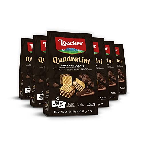 Loacker Quadratini Dark Chocolate bite-size Wafer Cookies | SMALL Pack of 6 | Crispy Wafers with 4 creamy layers of Dark Chocolate cream filling | great for snacks & desserts | Non GMO | No artificial flavorings or added colors | 4.41 oz per bag - Dark Chocolate - 4.41 Ounce (Pack of 6)